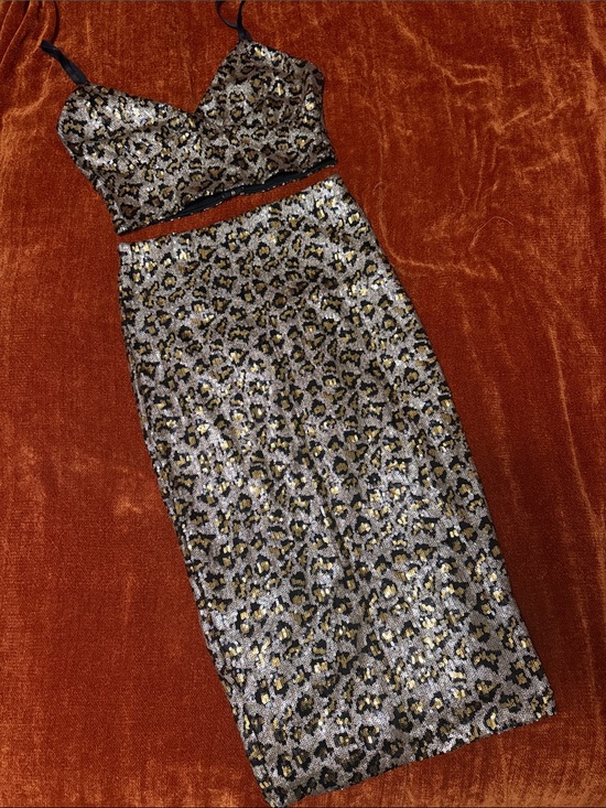 Revamped Dresses & Skirts - Revamped | Gold & Black Sequin Leopard Crop Top and Skirt Set | L